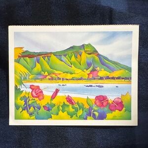 Tropical Mountain Art Postcard print with Floral Accents